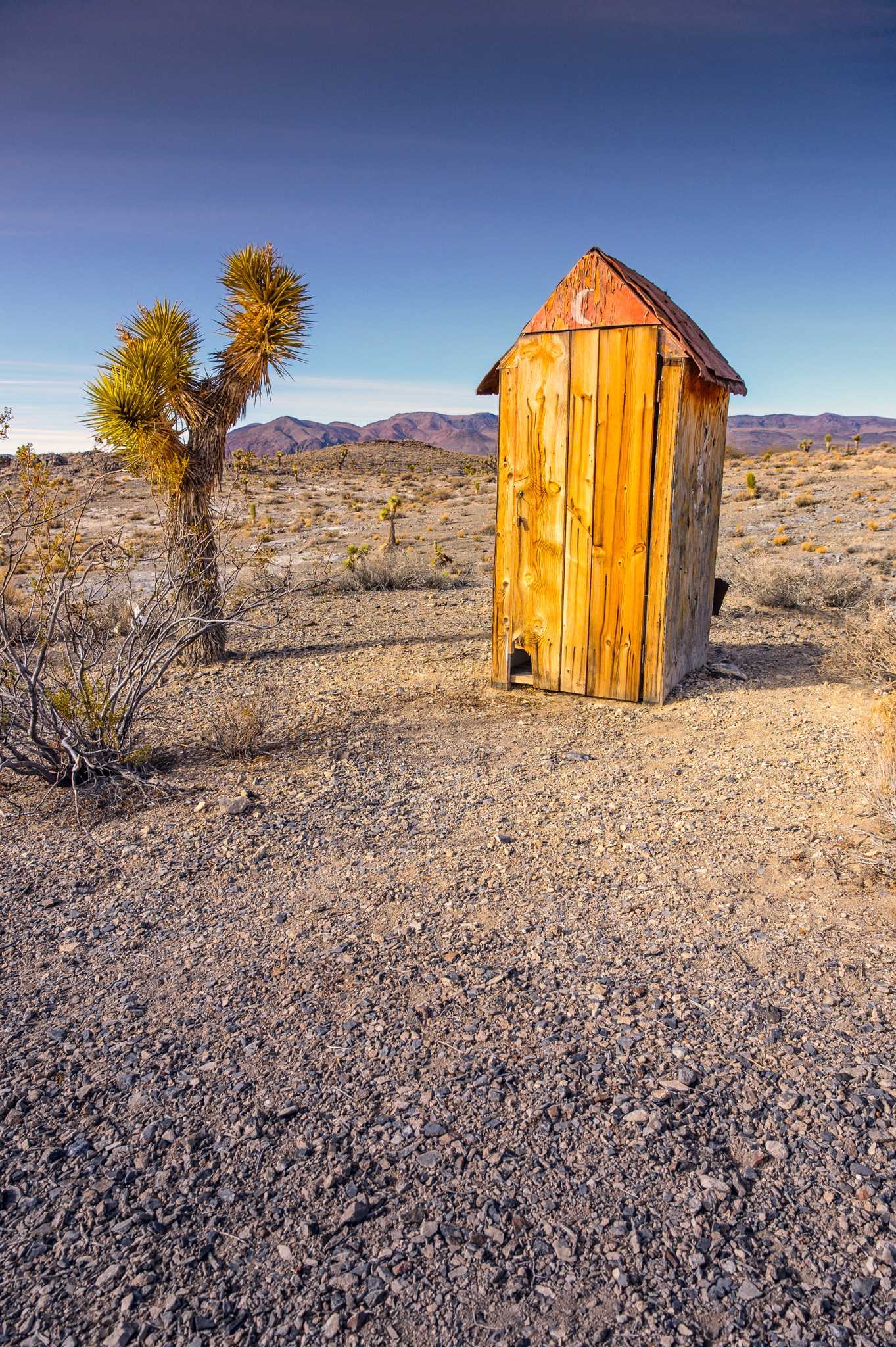 Located along Saline Valley Road, on the way to the Lee Flat Joshua Tree forest, is a boxcar that was part of the BLM's Adopt-a-Cabin program. It is semi-maintained and can be used as an overnight accommodation by travelers exploring this part of Death Valley National Park, California. Along with the cabin is this lonely, but functional, outhouse.