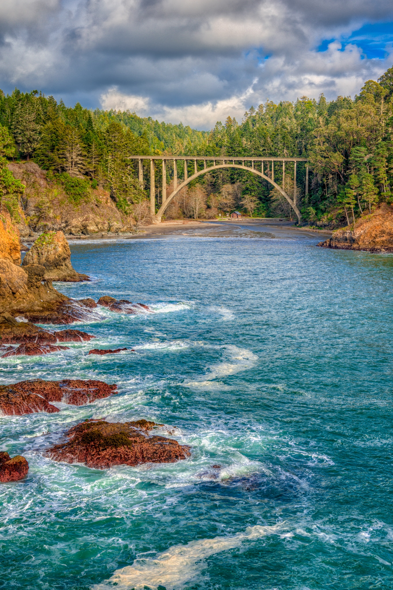 The graceful arch of the Russian Gulch Bridge, also known as the Frederick W. Panhorst Bridge, spans the Russian Gulch Creek in Russian Gulch State Park, Mendocino County, California.