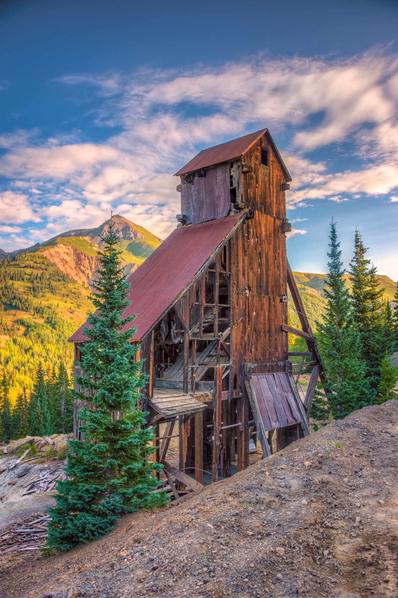 An early morning view of the Yankee Girl Mine headframe viewed from Ouray County Road 31 near Ouray, Colorado.