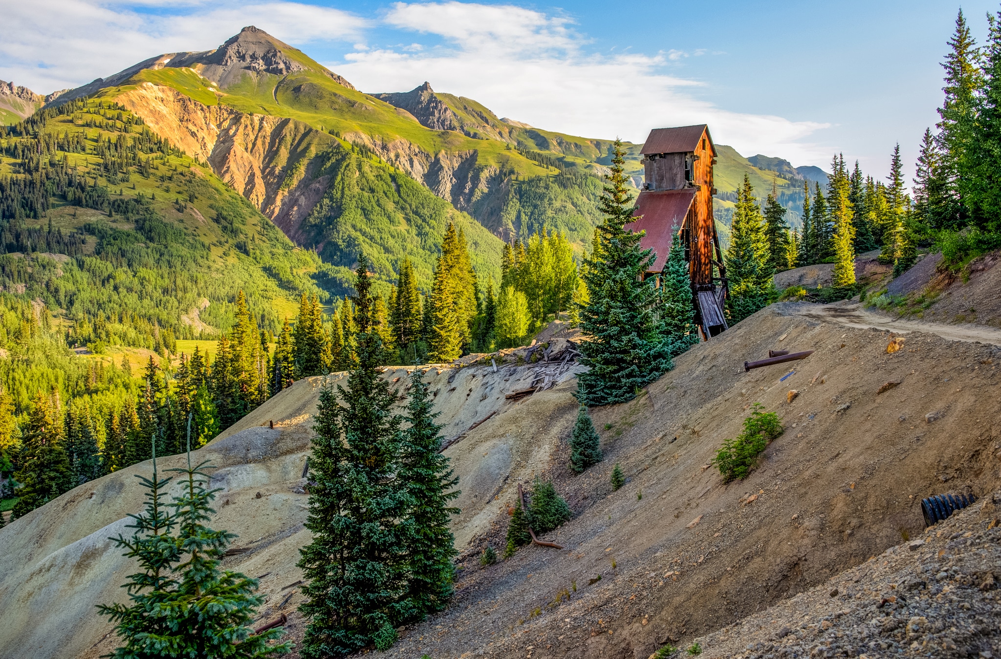 An early morning view of the Yankee Girl Mine headframe viewed from Ouray County Road 31 near Ouray, Colorado.