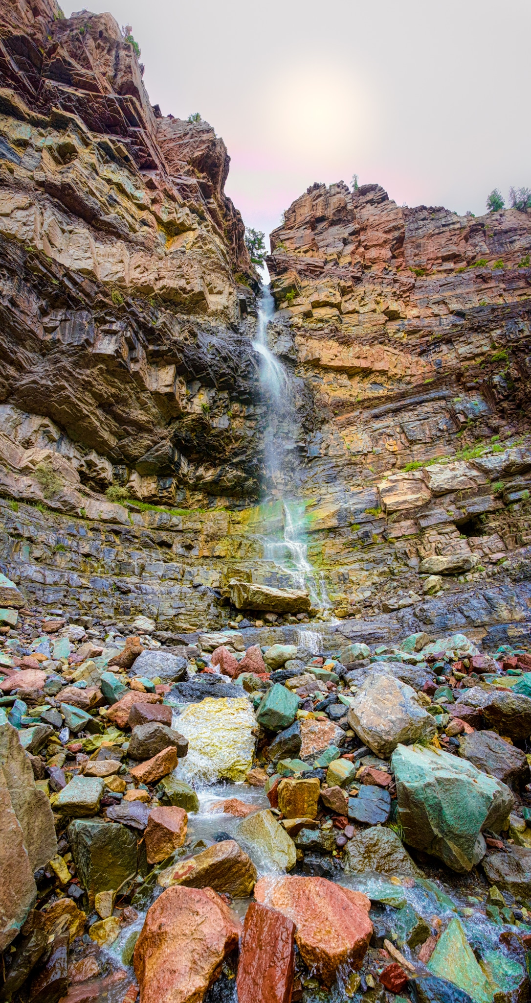 Cascade Falls in Ouray, Colorado, is roughly 160 feet high. Its volume varies with the seasons. Spring brings the highest volume of water, but monsoon rains cause an increase in the flow during the late summer months. The waterfall is fed by Cascade Creek.