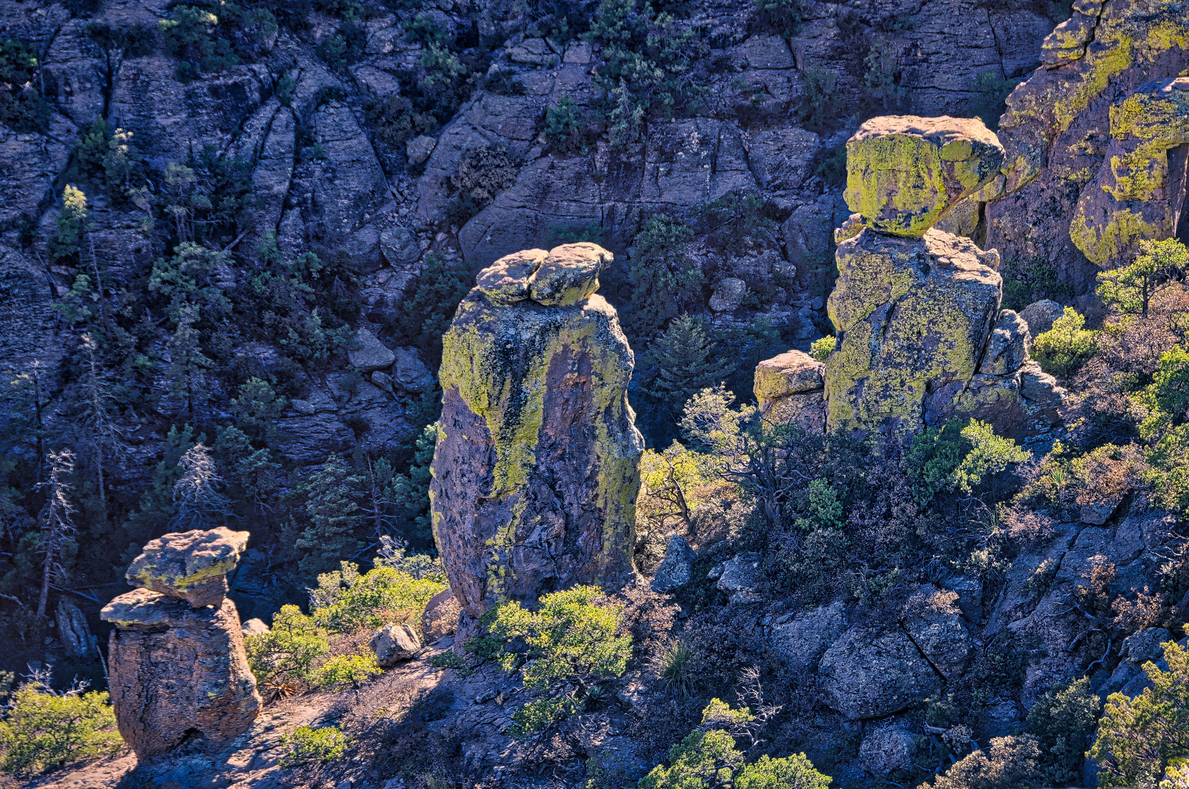 Lichen-covered columns along the edge of a canyon  in Chiricahua National Monument. The columns are formed of Rhyolite Canyon Tuff.