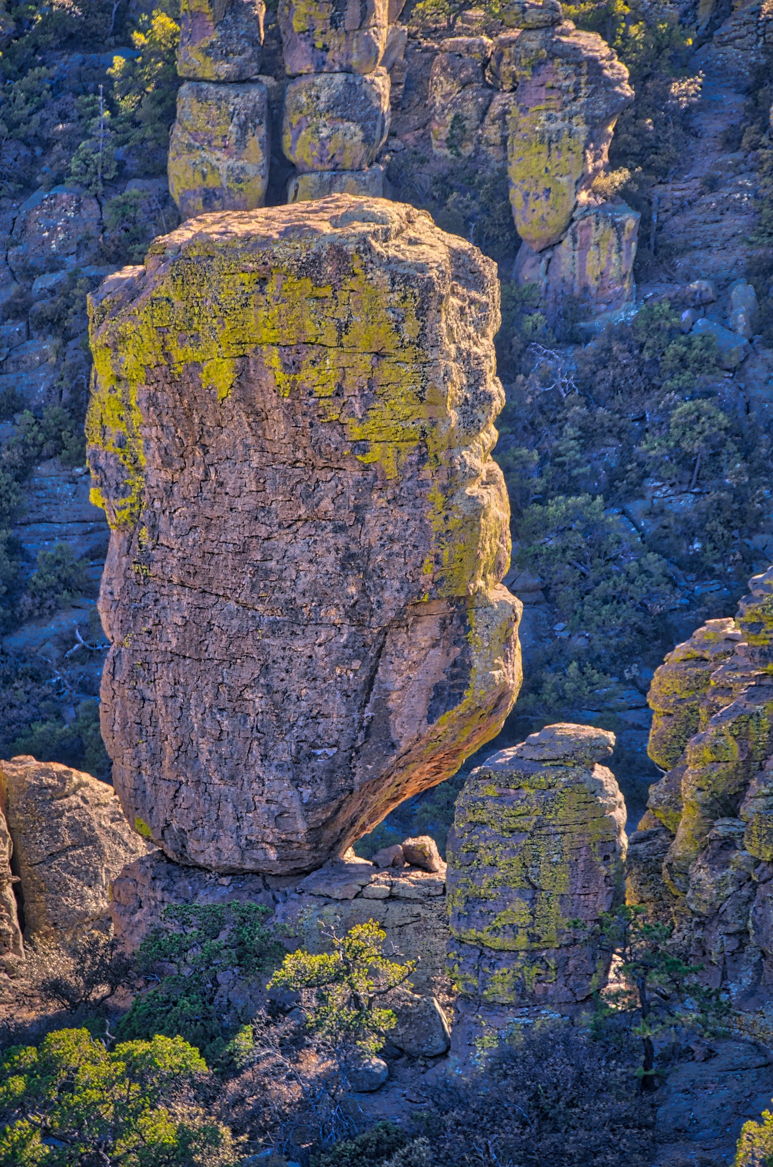 One of many balanced rocks found  in Chiricahua National Monument. The rock, as well as surrounding columns and pinnacles, are formed of Rhyolite Canyon Tuff.
