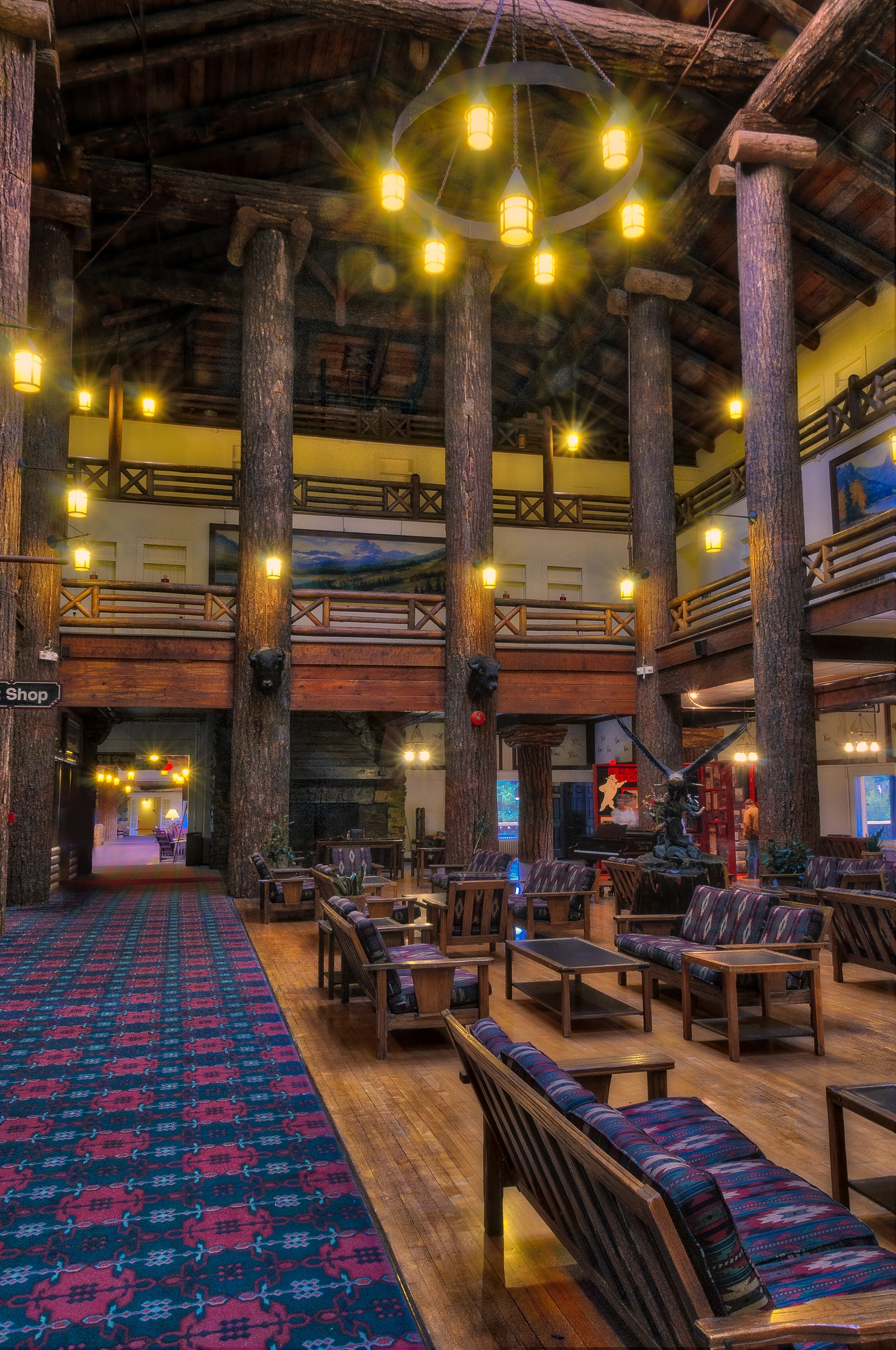 Ionic columns made from logs hold up the atrium of the Glacier Park Lodge in East Glacier, Montana.