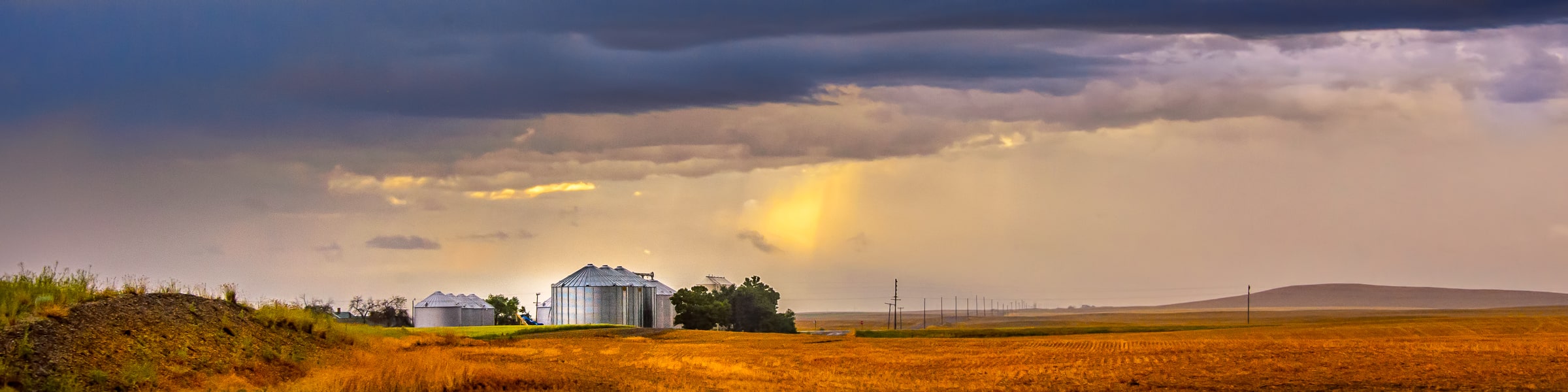 Storage silos on a wheat farm in Montana glisten in a summer storm. Montana Summer Landscapes