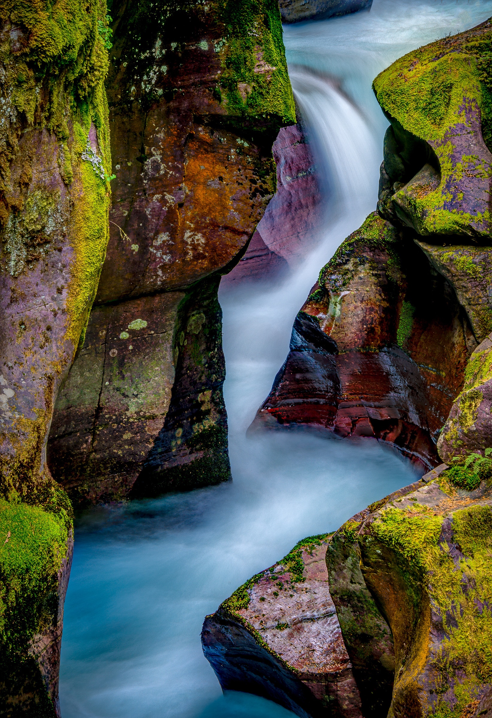 A timed exposure of Avalanche Falls in Avalanche Gorge in Glacier National Park in Montana.
