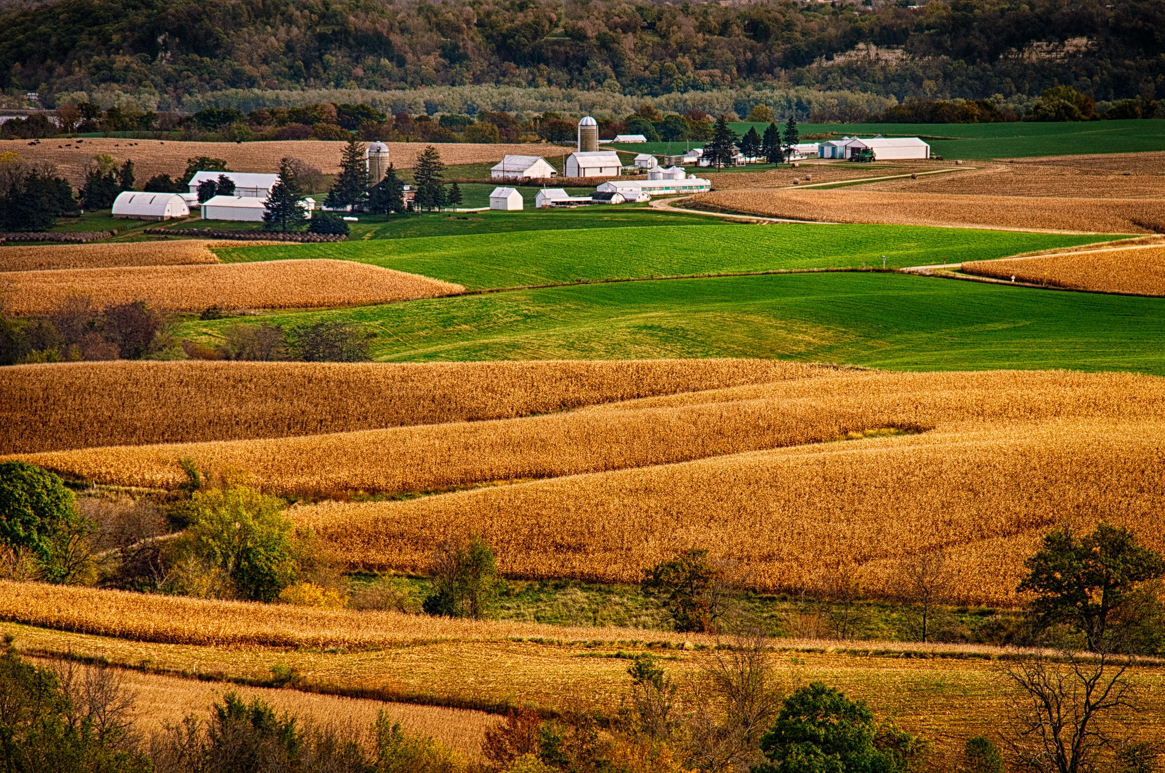 Farms and fields near Balltown, Iowa, just east of the Mississippi River.