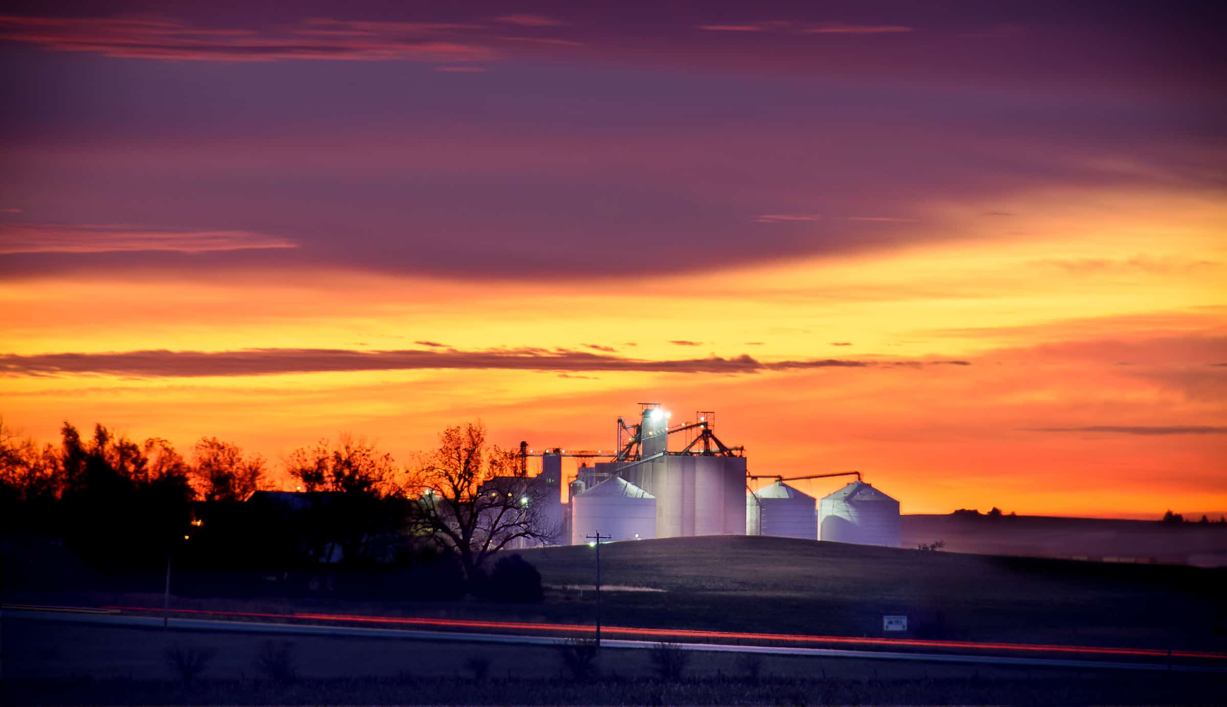 Early morning on grain-storage complex near Glidden, Iowa.