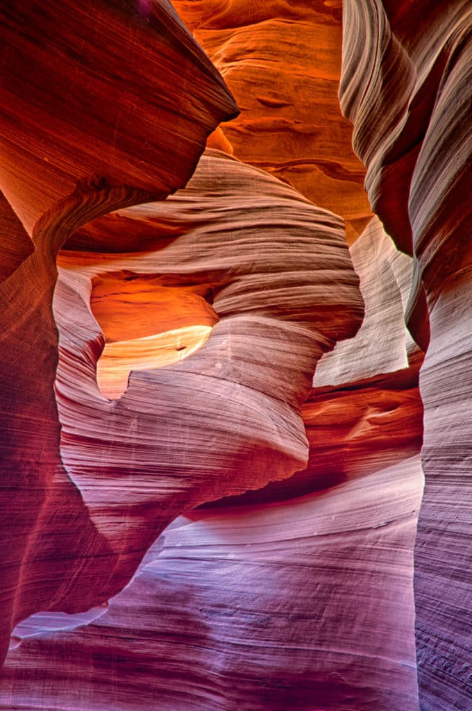 Sandstone swirls of Lower Antelope Canyon, east of Page, Arizona, are caused by flash floods.