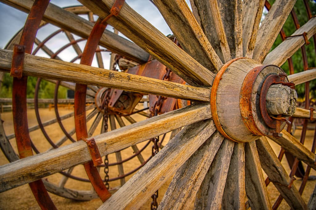 This huge wooden wagon wheel is part of an exhibit at the Borax Museum at Furnace Creek in Death Valley National Park, California.