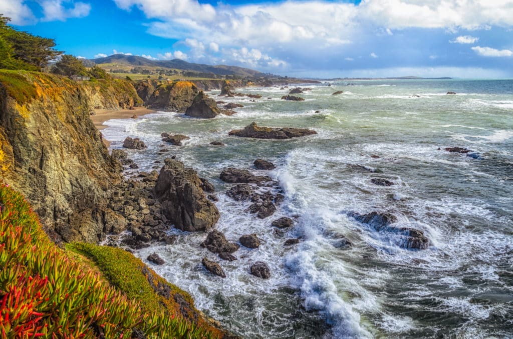 The surf rolls in on a lazy afternoon at Sonoma Coast Beach in California.