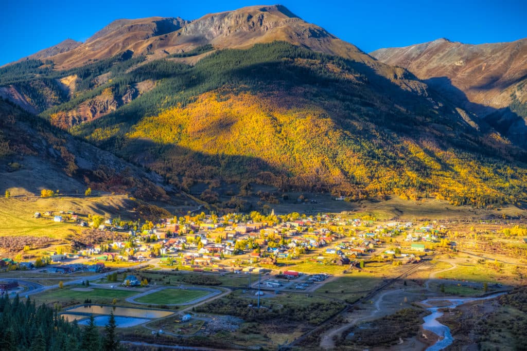 A view of Silverton,. Colorado, taken from an overview south of town on Highway 550.