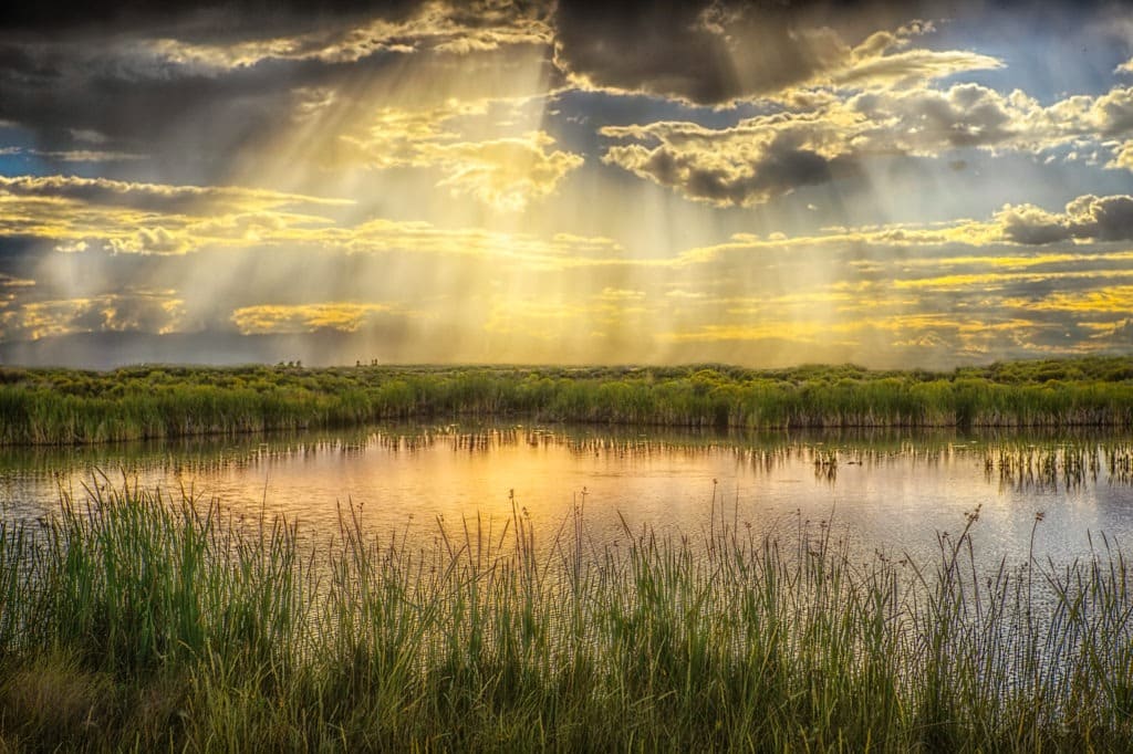 Crepuscular rays illuminate the many ponds located in the Blanca Wildlife Habitat Area in the San Luis Valley near Alamosa, Colorado.