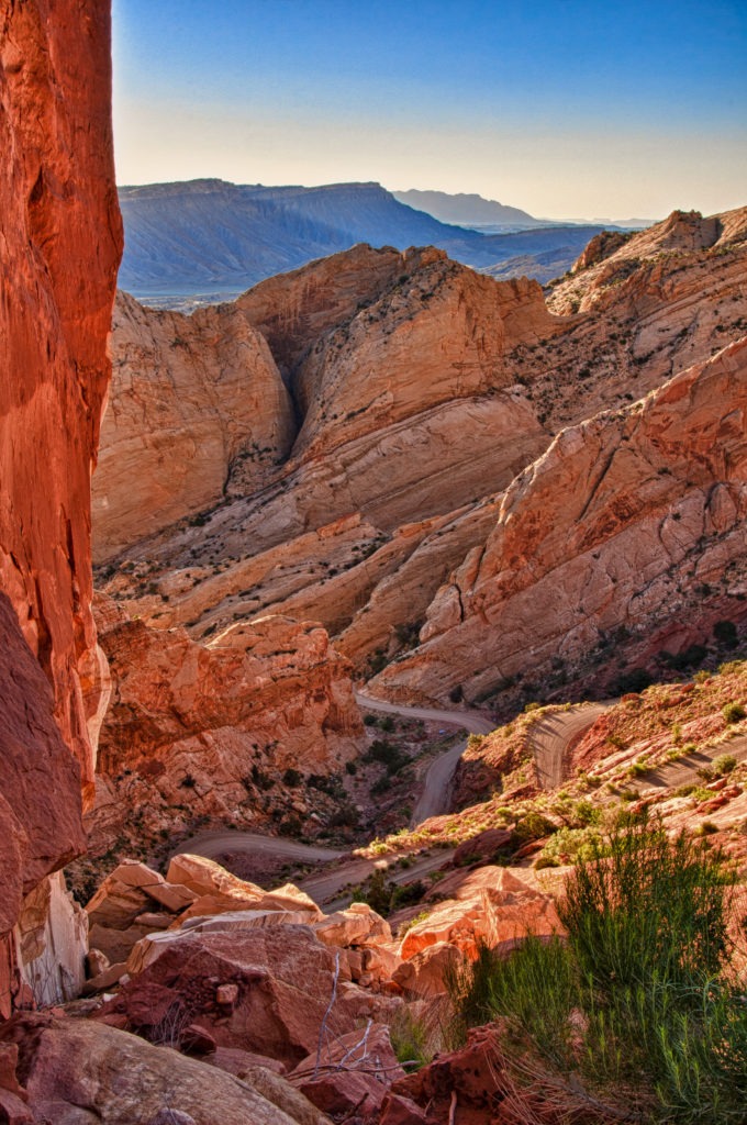 Looking back at the curvey Burr Trail as it cuts through the Waterpocket Fold in Capitol Reef National Park, Utah.