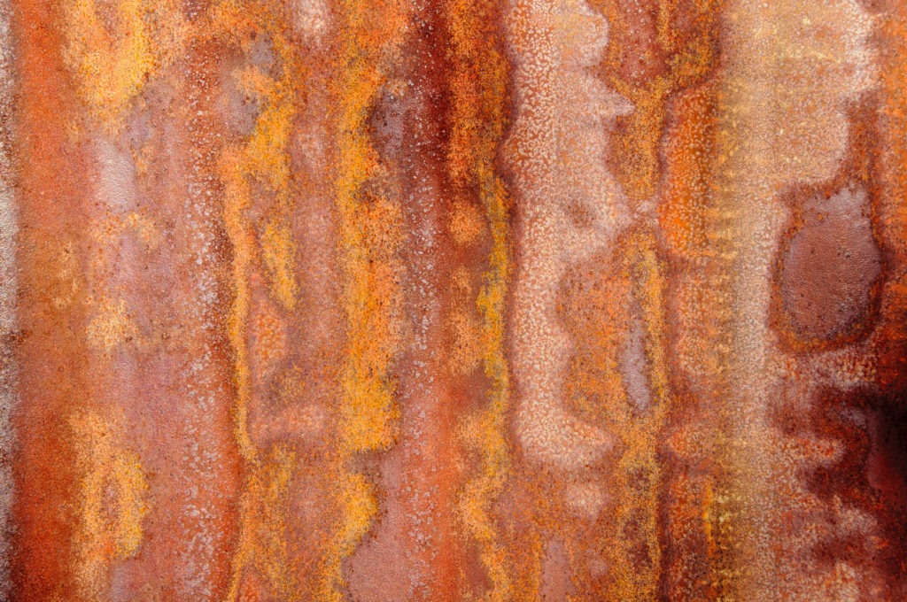 A close-up of rusty corrugated iron on an out-building at Faraway Ranch in Chiricahua National Monument in Arizona.