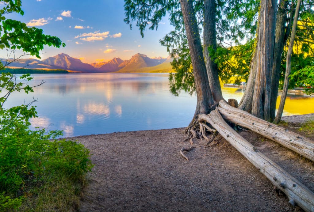 A tranquil view across Lake McDonald from Apgar Village in Glacier National Park in Montana.