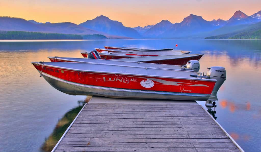 Boats have been secured at sunset for the evening on Lake McDonald in Glacier National Park, Montana.
