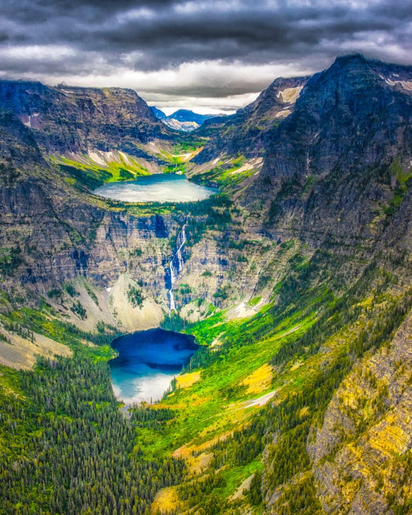 Hanging Lakes are clearly seen from a helicopter in Glacier National Park in Montana.