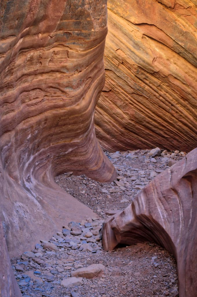 A detail shot of the path through Bell Canyon, a slot canyon off Wild Horse Road near Goblin Valley State Park in Utah.