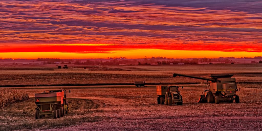 Sunrise over harvesting equipment waiting in a field near Glidden, Iowa.