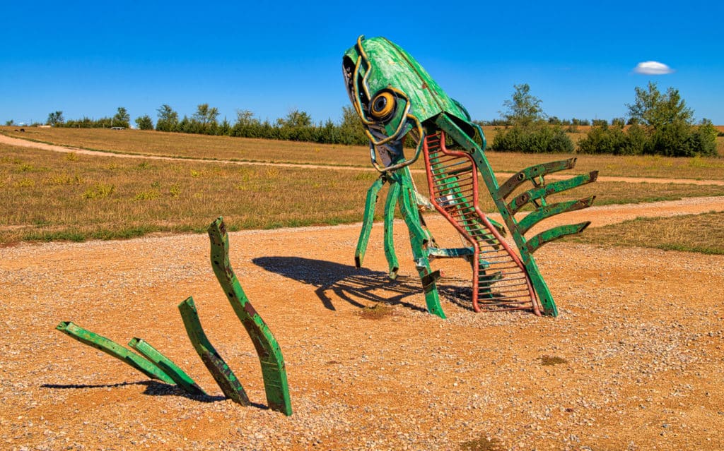 At the quiky roadside attraction of Carhenge, near Alliance, Nebraska, are other scuptures made from automobile parts. This one is called "Spawning Salmon" and was created by Geoff Sandhurst.