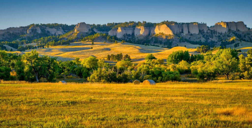Red Cloud Buttes catch the afternoon sun on an autumn afternoon in Fort Robinson State Park, Nebraska.
