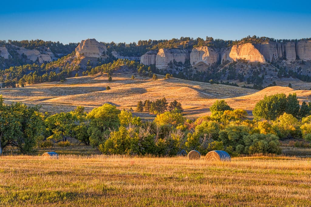Red Cloud Buttes catch the afternoon sun on an autumn afternoon in Fort Robinson State Park, Nebraska.
