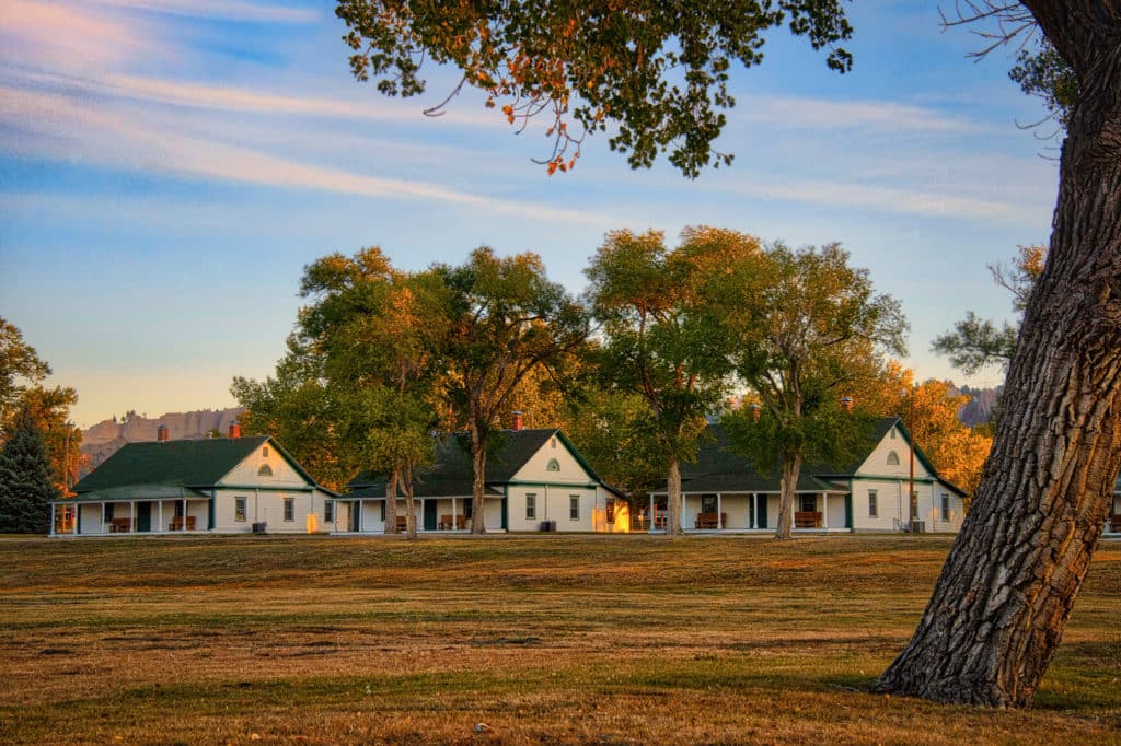 These clapboard cabins line one of the streets in Fort Robinson State Park. In the foreground is an ancient Cottonwood tree.