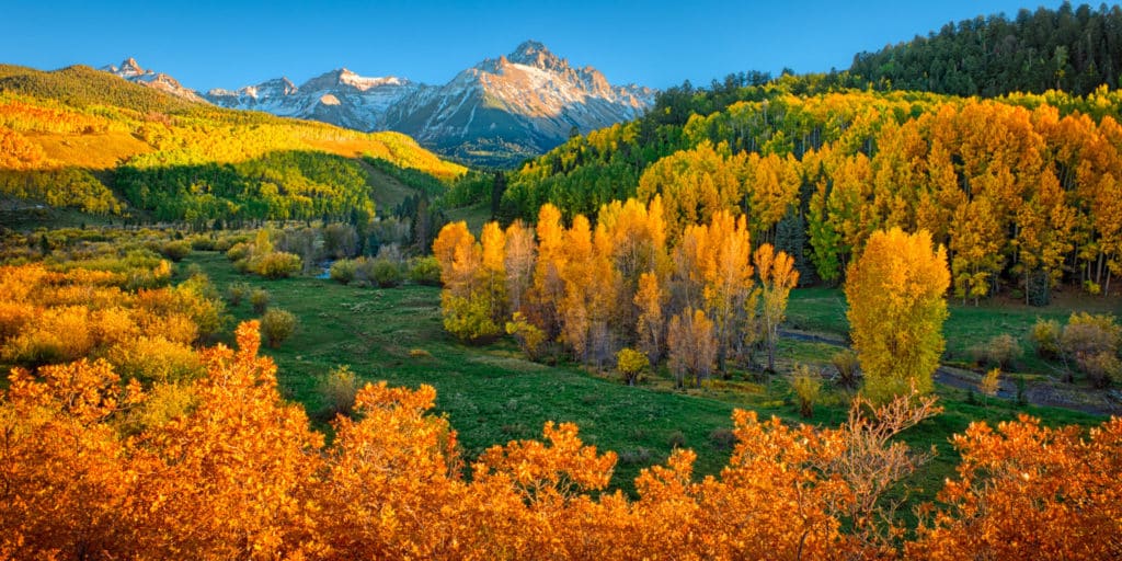 Late afternoon light illuminates Mt. Sneffels and causes the orange Gambel oaks and yellow aspens to glow, as seen from CR 7 near Ridgway, Colorado.