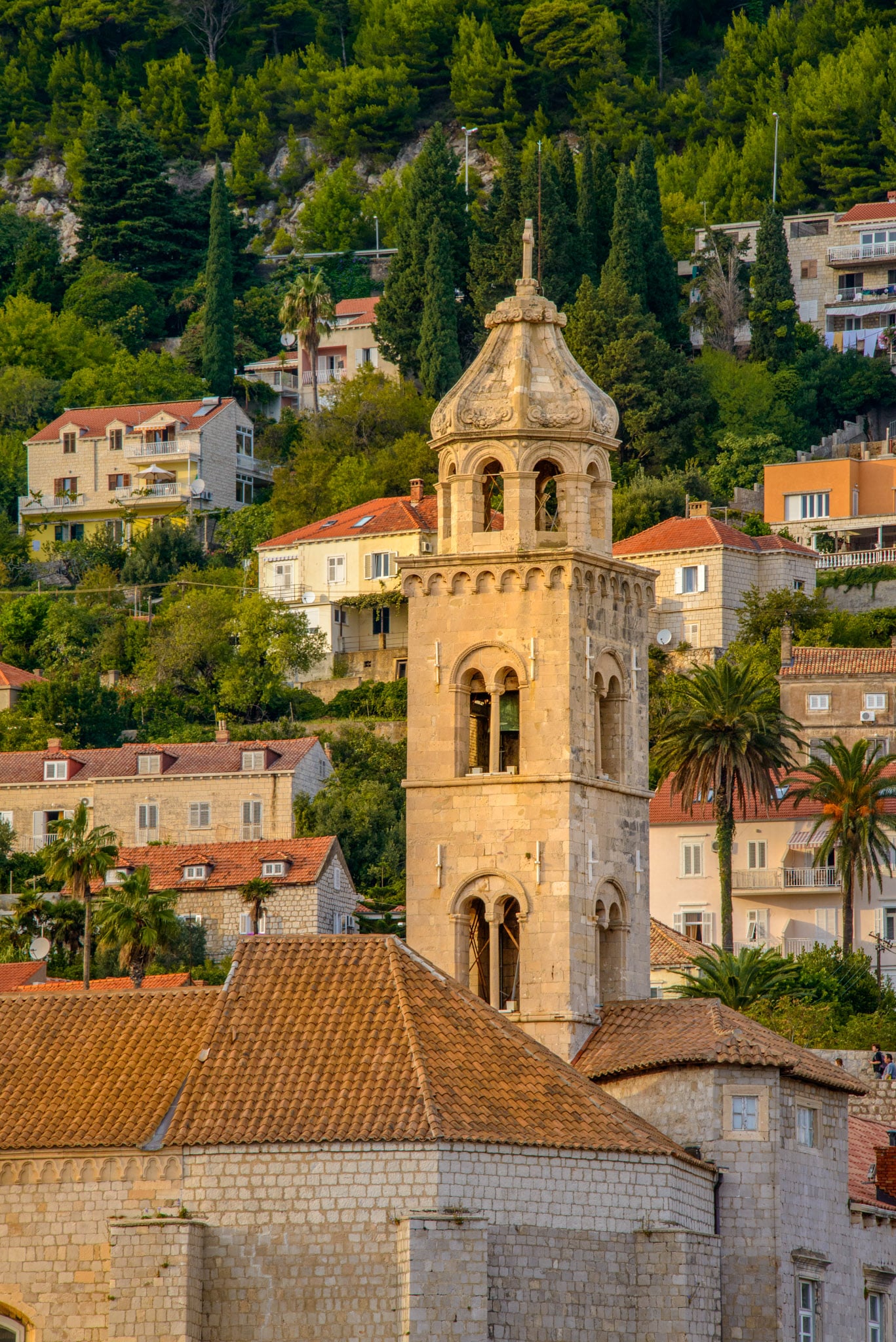 The bell tower of the Dominican Church and Monastery as seen from the wall surrounding Dubrovnik Old City in Croatia.