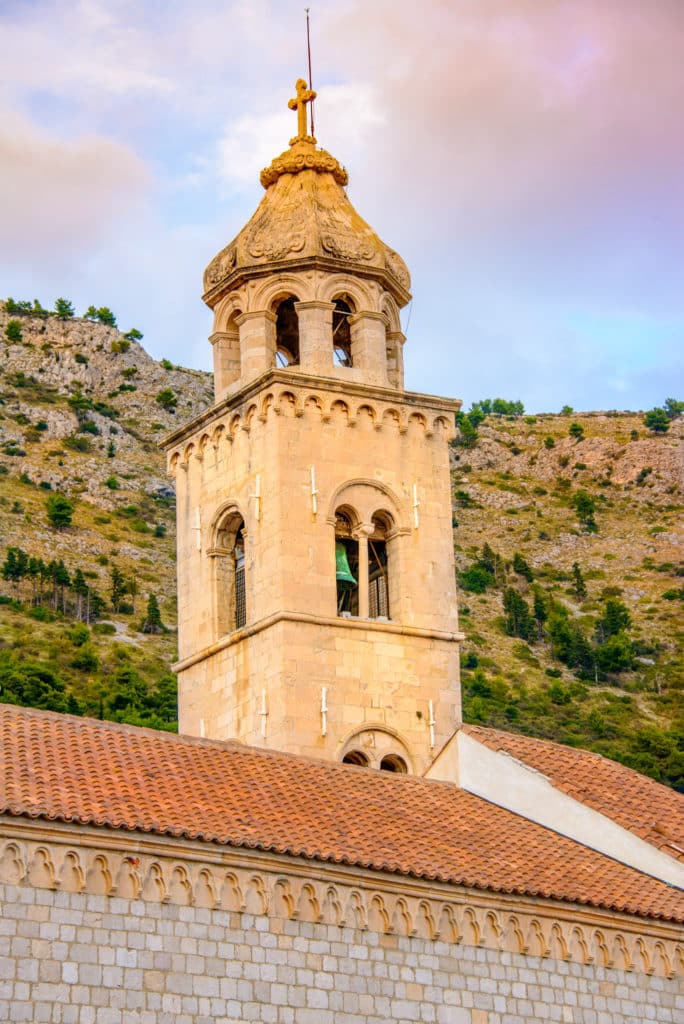 The bell tower of the Dominican Church and Monastery in Dubrovnik Old City in Croatia.