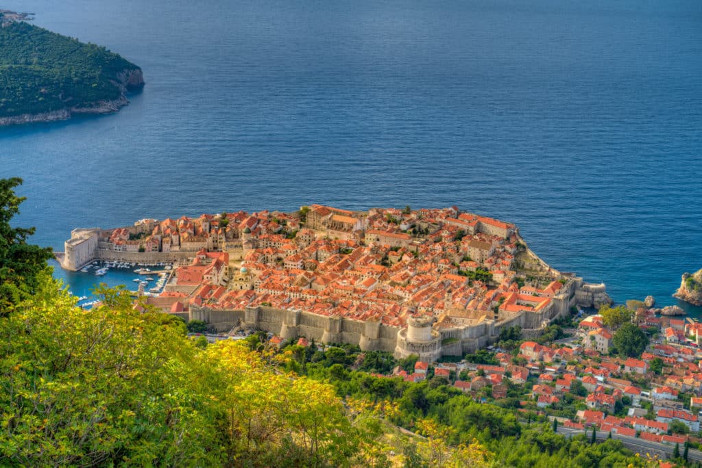 A view of Dubrovnik Old Town and its surrounding walls taken from Mount Srdj in Croatia.