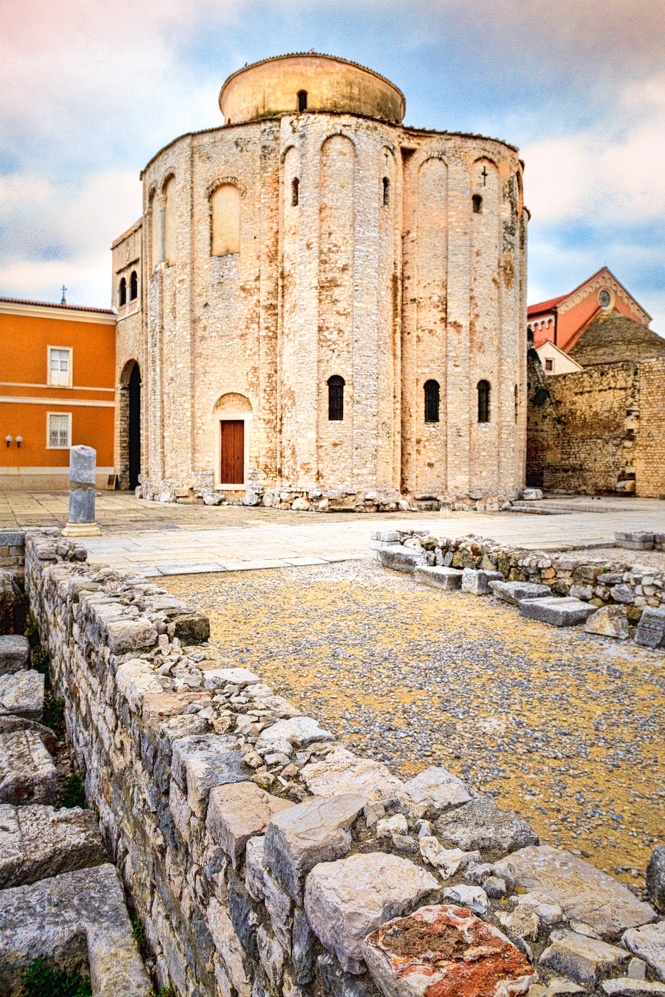 A view of the Romanesque Church of St. Donatus adjacent to remnants of the Roman forum in the Illyrian city of Zadar in Croatia.