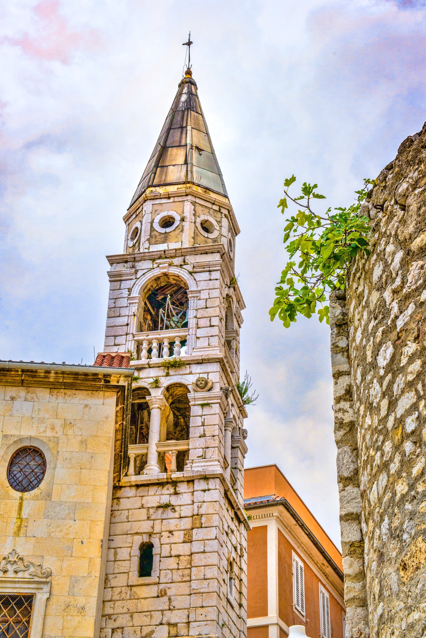 A view looking up at the bell tower of the Church of St. Elijah the Prophet in Zadar, Croatia.