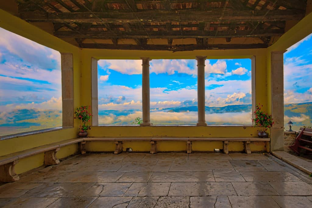 Looking out at the clouds from the Pod Voltom terrace in the Medieval Istrian village of Motovun, Croatia.