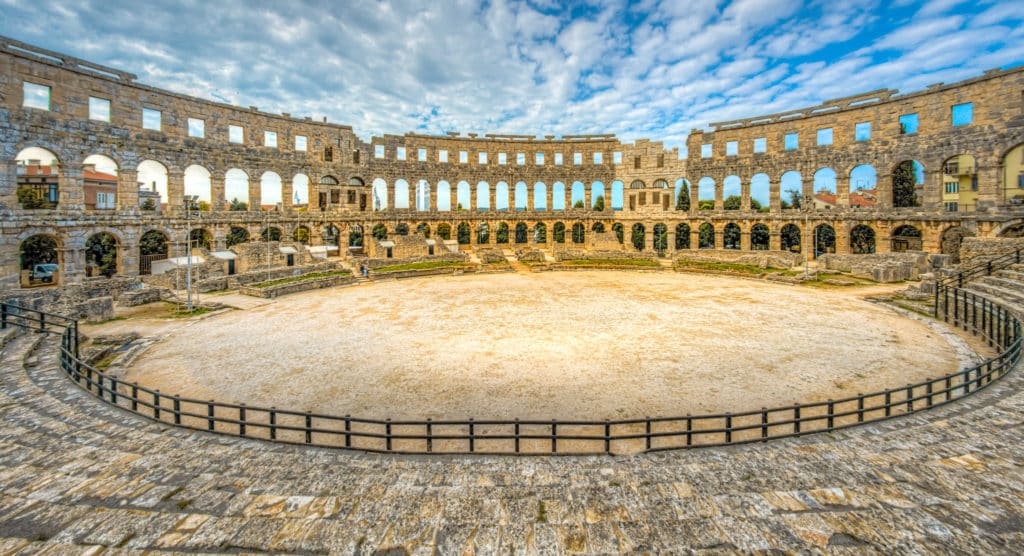 An interior view of the Pula Arena in the Istrian city of Pula, Croatia, constructed between 27 BC and 68 AD by Emperor Vespasian.