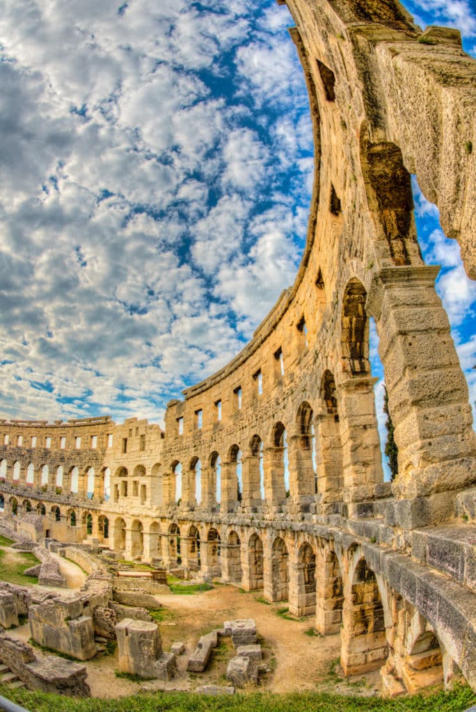 All three orders of Roman architecture are represented in this view of the walls of the Roman amphitheater in the Istrian city of Pula, Croatia.