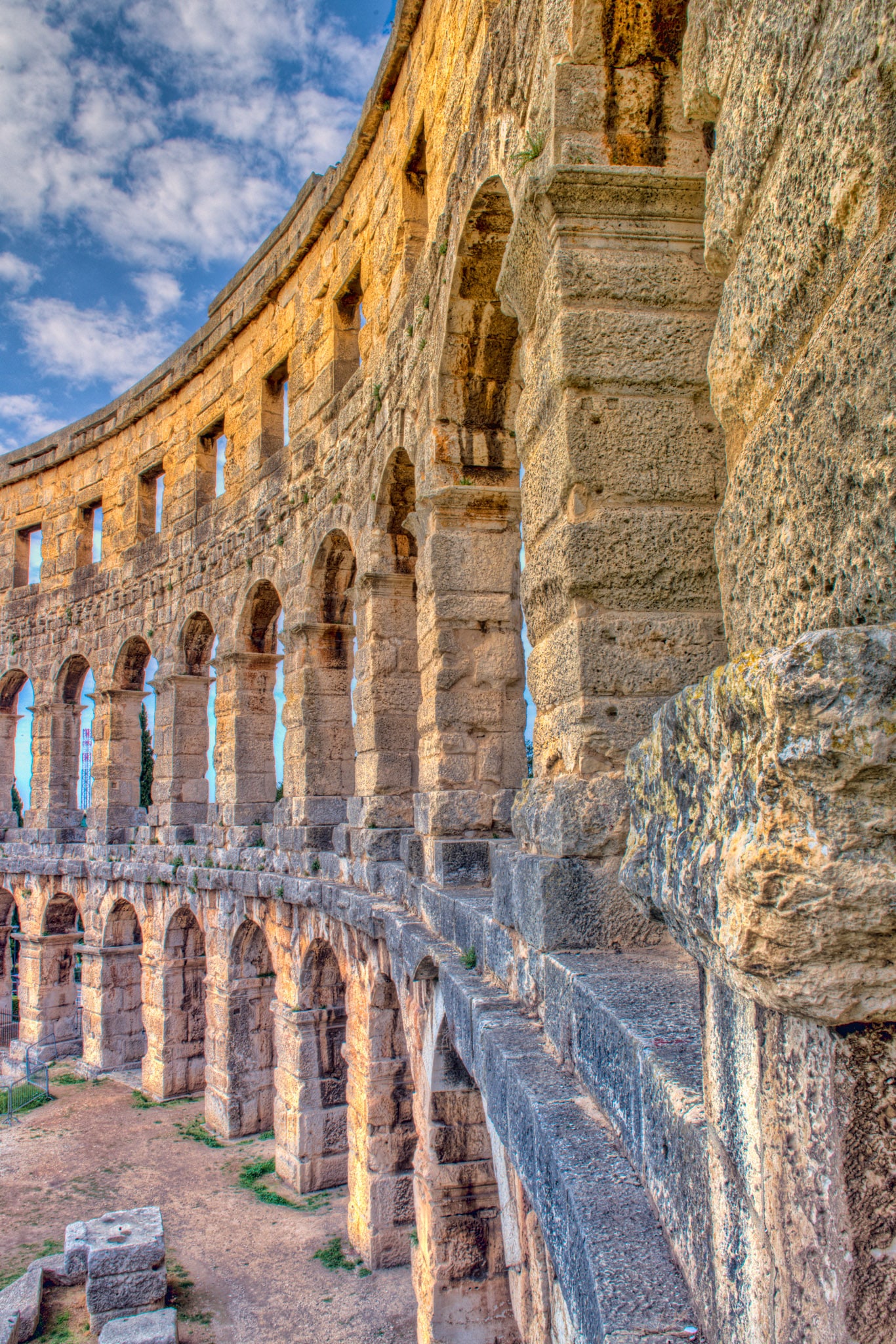 All three orders of Roman architecture are represented in this view of the walls of the Roman amphitheater in the Istrian city of Pula, Croatia.