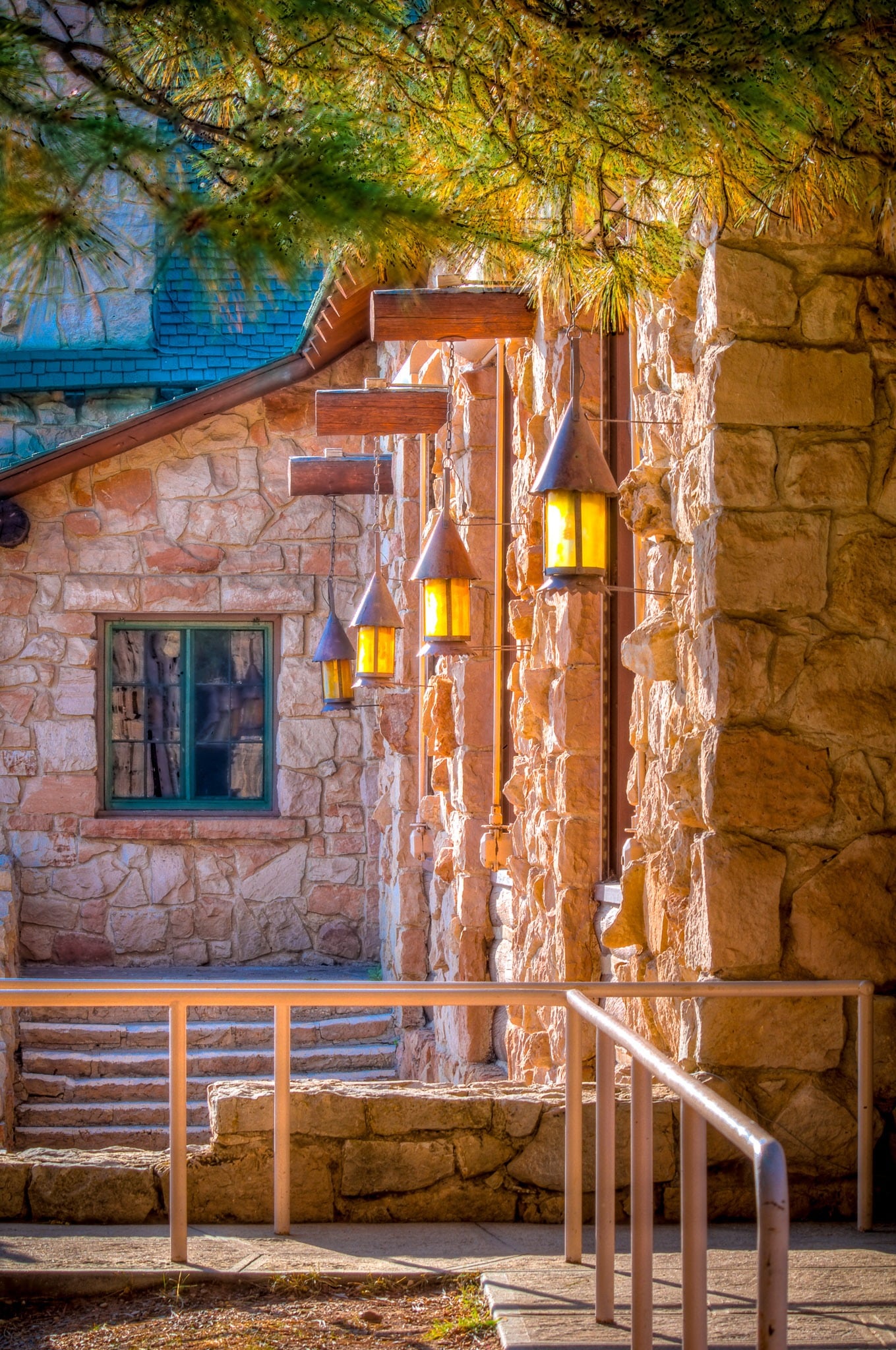 Back wall of the lodge at the North Rim of the Grand Canyon, with hanging lanterns. - Grand Canyon North Rim
