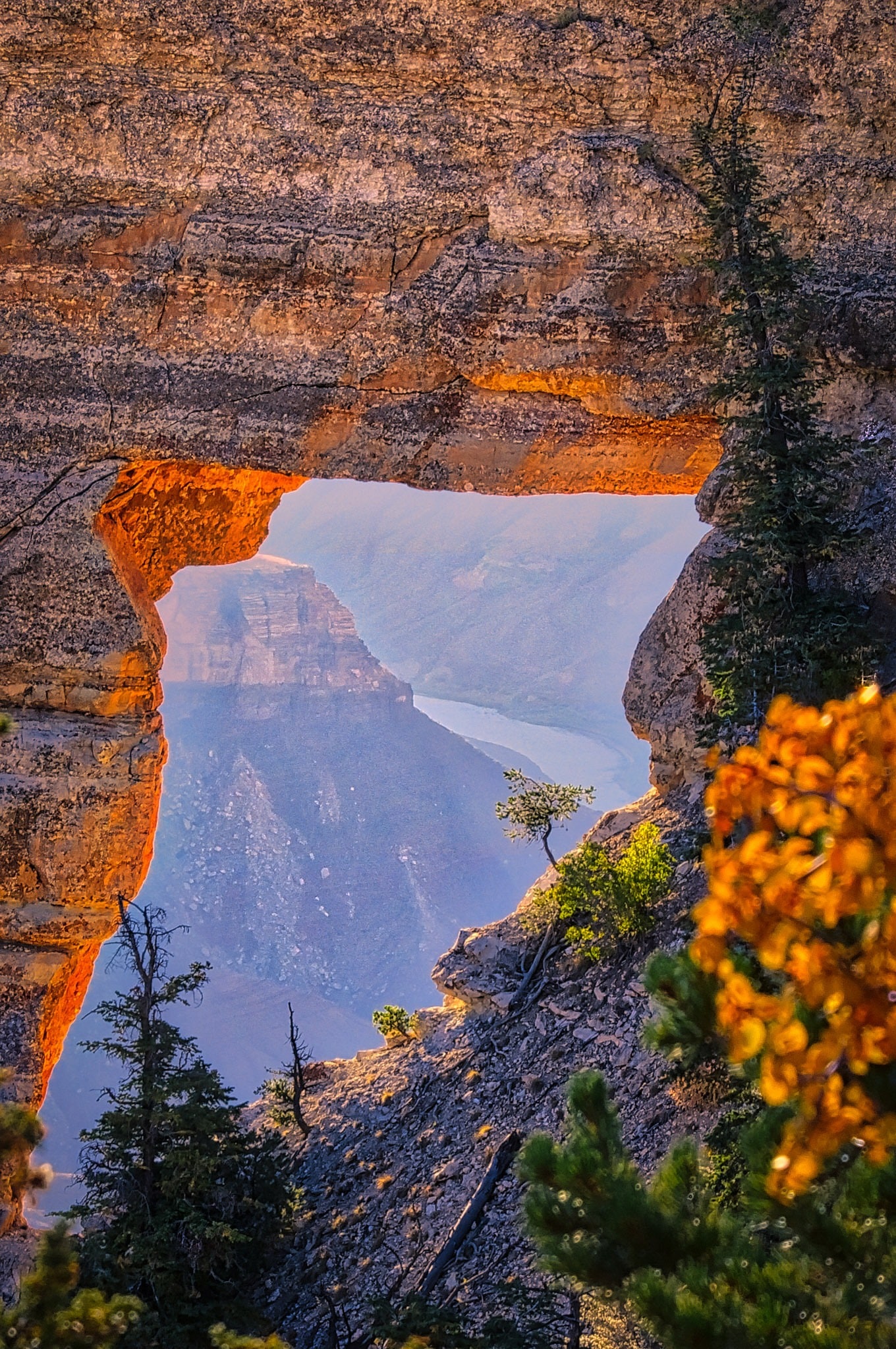 This is a closeup of Angels Window from just north of Cape Royal on the North Rim of the Grand Canyon. Notice the Colorado River. - Grand Canyon North Rim
