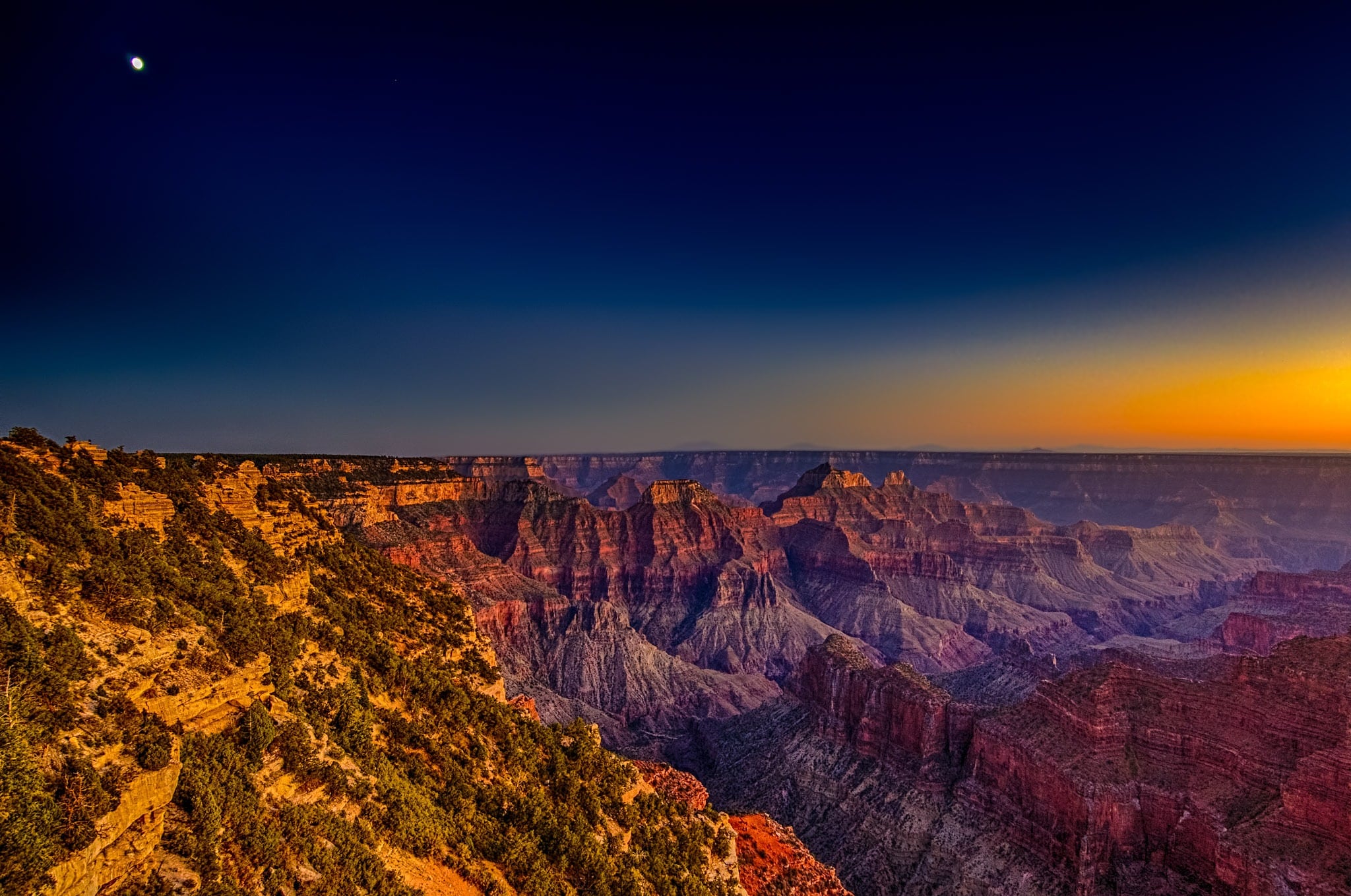 Dusk at the intersection of The Transept and Bright Angel Canyon on the North Rim of the Grand Canyon. - Grand Canyon North Rim