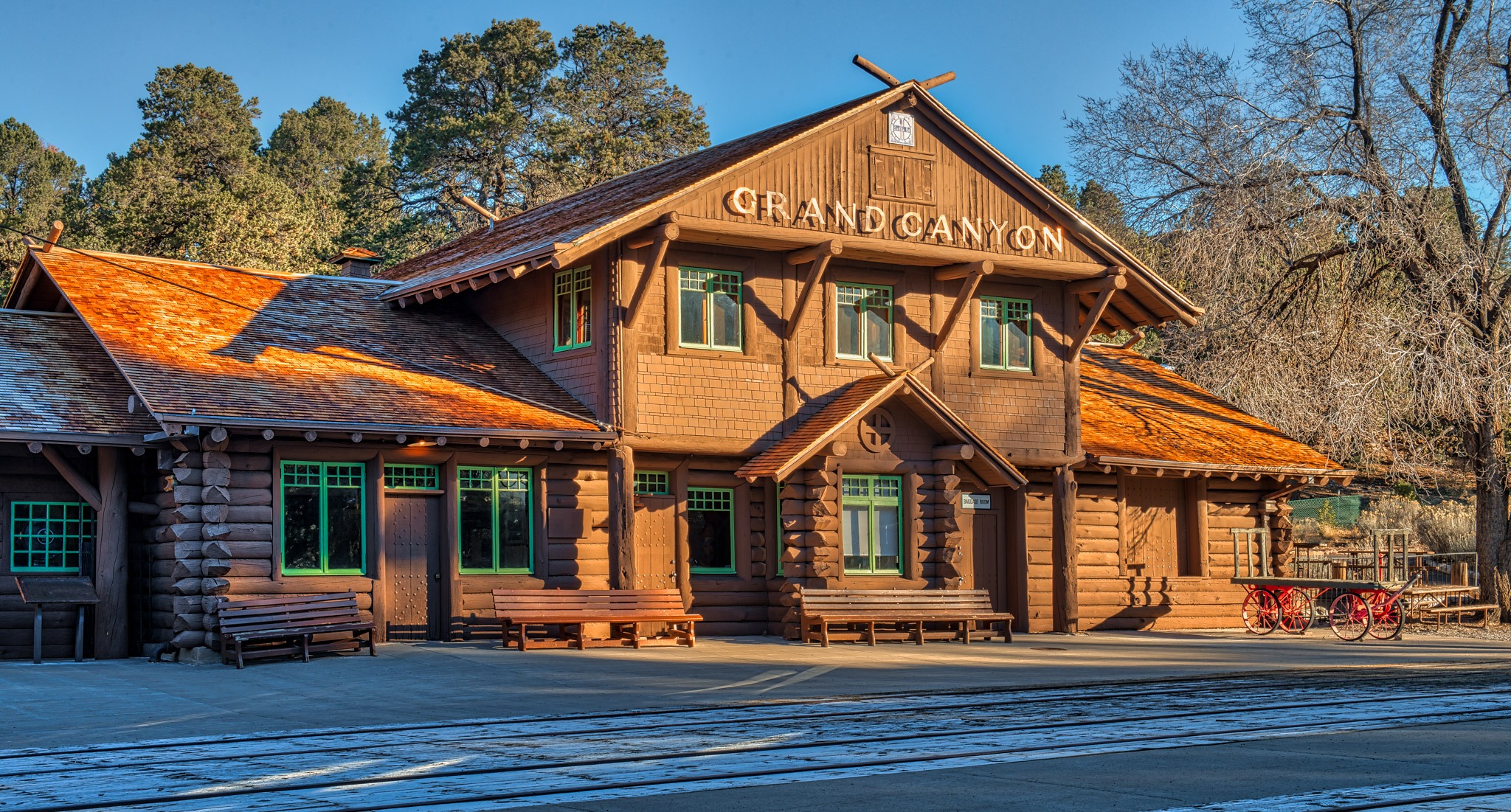 An early morning view of the front of the train station located in Grand Canyon Village on the South Rim of the Grand Canyon in Arizona.