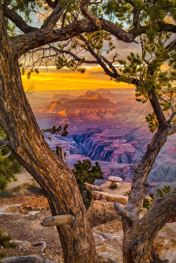 The view from Yaki Point at sunset on the South Rim of the Grand Canyon in Arizona.