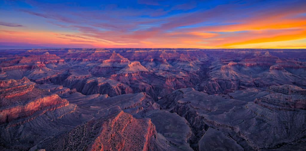 Sunrise at Yavapai Point on the South Rim of Grand Canyon National Park in Arizona.