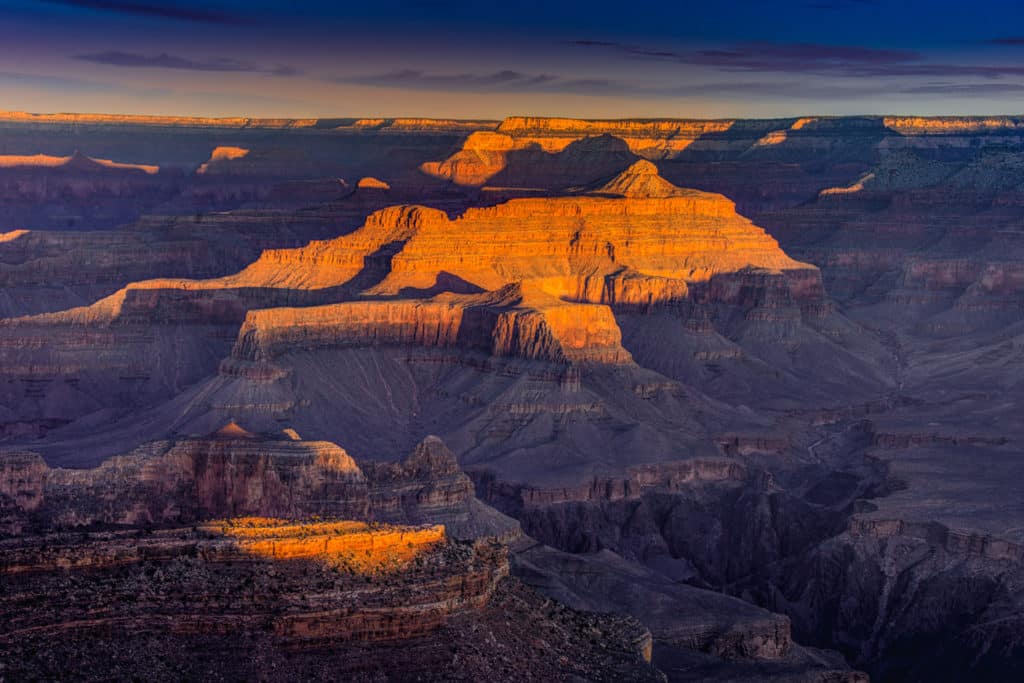 Sunrise at Yavapai Point on the South Rim of Grand Canyon National Park in Arizona.