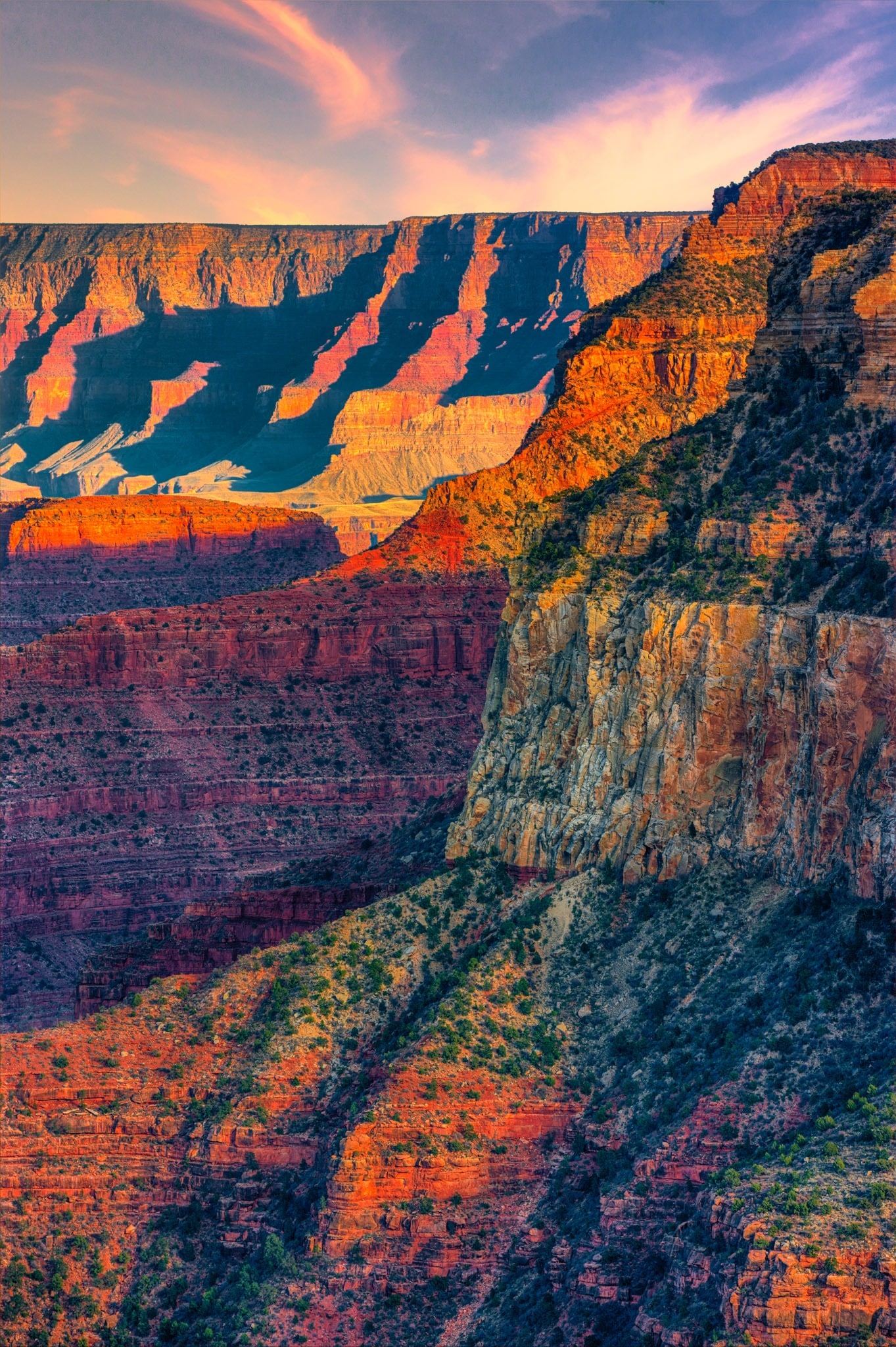 A view of the upper rock formations of the Grand Canyon as seen from the South Rim in Arizona.