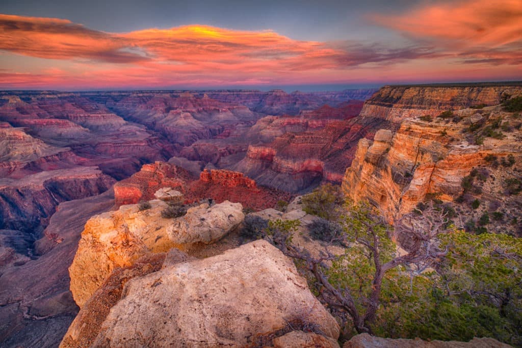Sunset as seen from Maricopa Point on the South Rim of the Grand Canyon in Arizona.