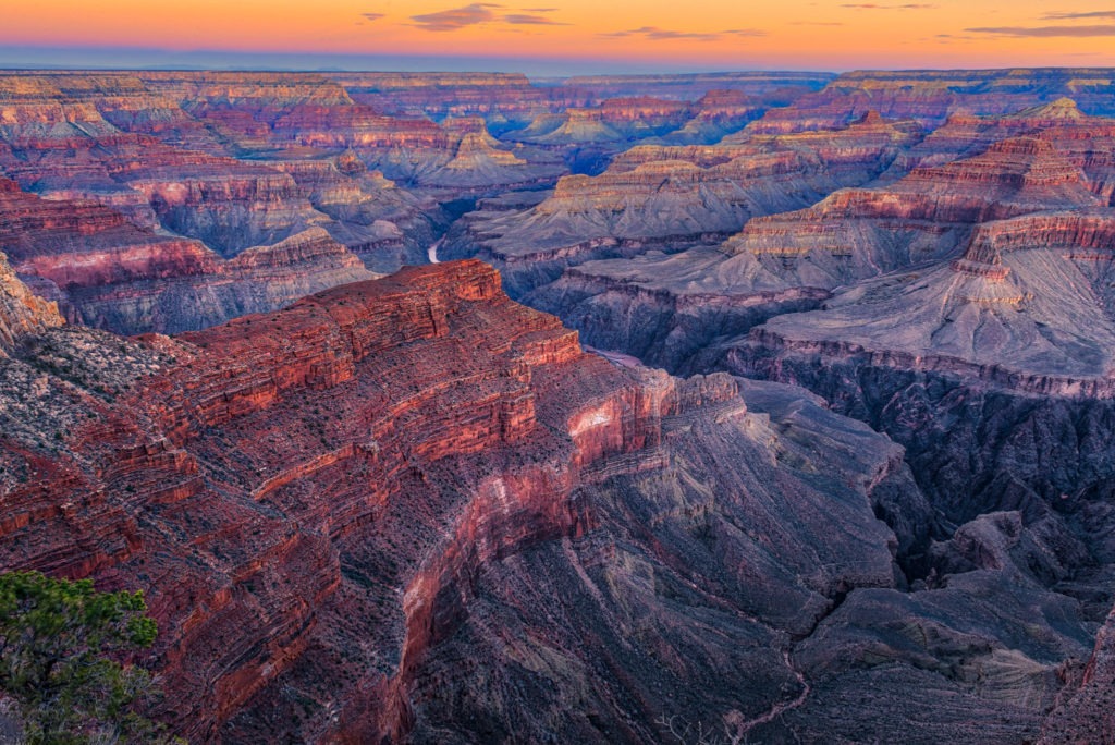 Sunrise at Hopi Point on the South Rim of the Grand Canyon in Arizona.