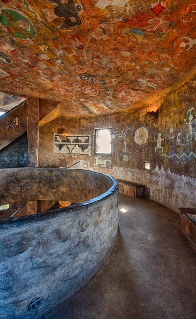 View of the interior of the Watchtower highlighting the reproductions of pictographs and petroglyphs found in the Grand Canyon region of Arizona.