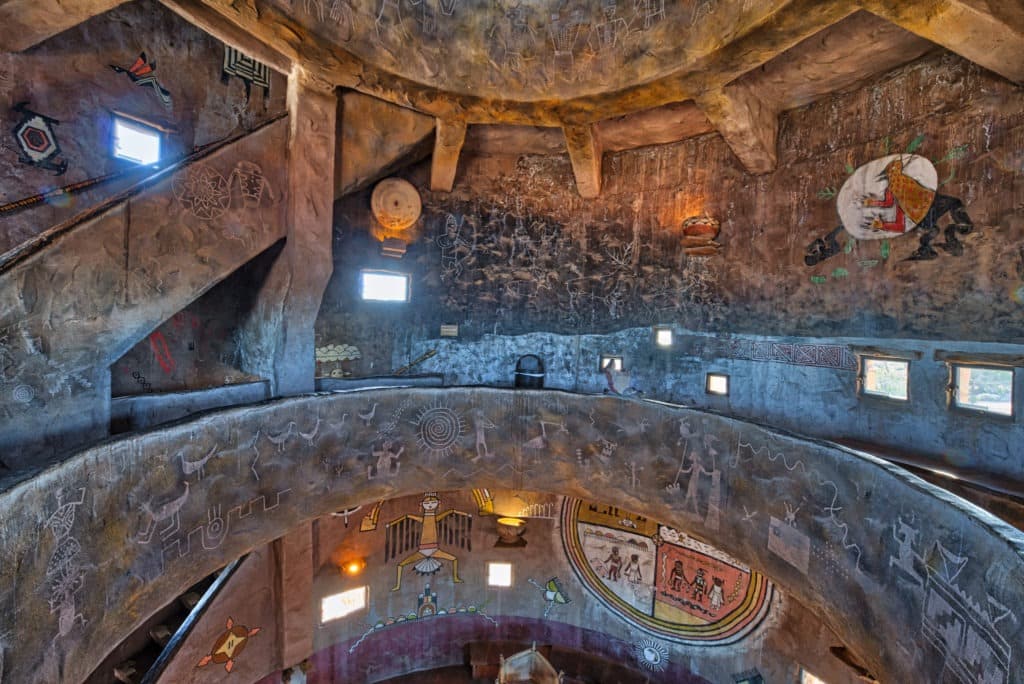 View of the interior of the Watchtower highlighting the reproductions of pictographs and petroglyphs found in the Grand Canyon region of Arizona.
